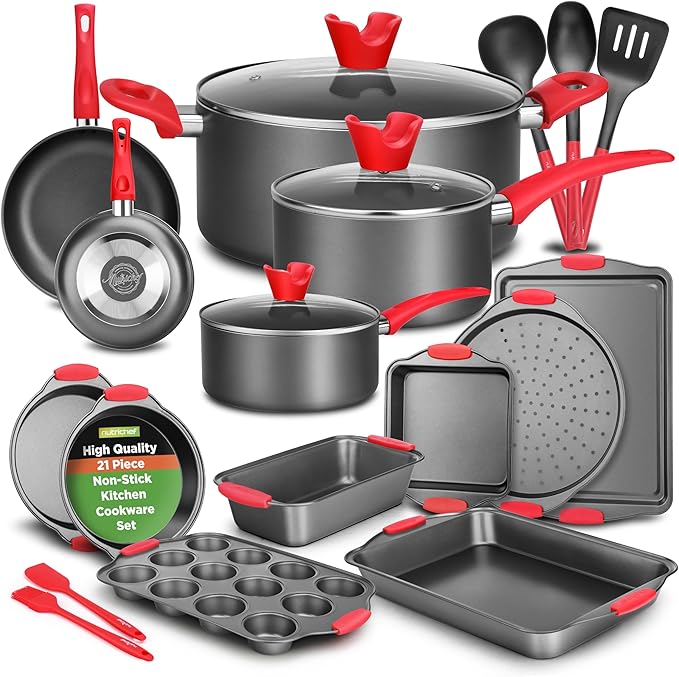 NutriChef 21-Piece Nonstick Cookware Set - PTFE/PFOA/PFOS Free Heat Resistant Lacquer Kitchen Ware Pots Pan w/ Cool-Touch Handles, Saucepan, Fry Pans, Lid, Bakeware, For Gas Electric Ceramic Cooktops by NutriChef%E2%84%A2Kitchen
