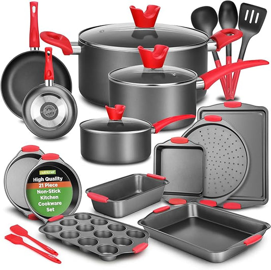 NutriChef 21-Piece Nonstick Cookware Set - PTFE/PFOA/PFOS Free Heat Resistant Lacquer Kitchen Ware Pots Pan w/ Cool-Touch Handles, Saucepan, Fry Pans, Lid, Bakeware, For Gas Electric Ceramic Cooktops by NutriChef%E2%84%A2Kitchen