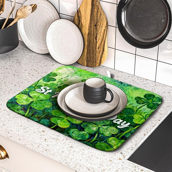 St Patricks Day Lucky Clover Dish Drying Mat for Kitchen Counter 16x18 Green Shamrock Happy Holiday Theme Absorbent Reversible Microfiber Drying Mats Kitchen Countertop Protector Dishes Drainer Pad - Image 5