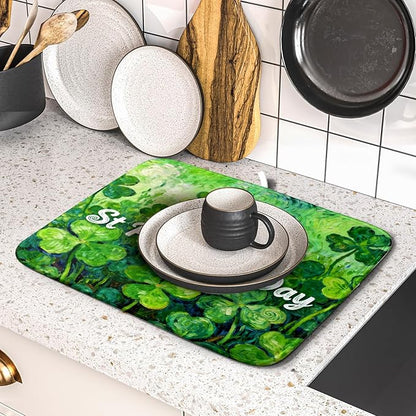 St Patricks Day Lucky Clover Dish Drying Mat for Kitchen Counter 16x18 Green Shamrock Happy Holiday Theme Absorbent Reversible Microfiber Drying Mats Kitchen Countertop Protector Dishes Drainer Pad - Image 5