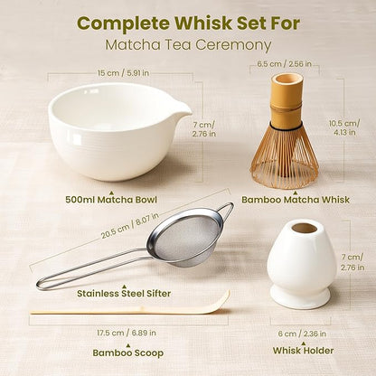 Matcha Whisk Set, Ceramic Bowl Matcha Kit & Handcrafted Bamboo Chasen, Complete 5 Pcs Matcha Set Whisk and Bowl, Stainless Steel Sifter, Bamboo Scoop & Holder for Matcha Lovers