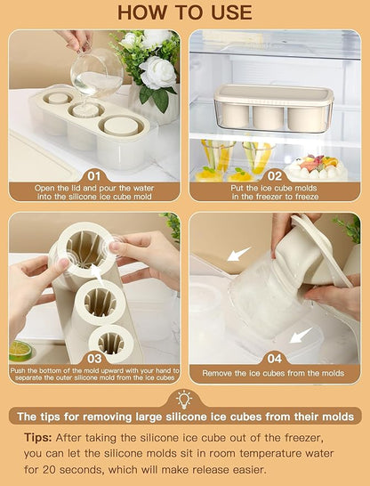 Ice Cube Tray for Tumbler Cup 30Oz-40Oz, 3 Pcs Silicone Cylinder Ice Mold with Lid and Bin for Freezer, Easy Fill and Release Ice Maker for Whiskey, Cocktail BPA-Free (White, 40Oz-Type1)