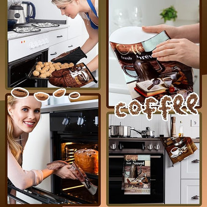 Jingmore 6 Pcs Kitchen Decor Set Accessorie Farmhouse Kitchen Towels Pot Holders Oven Mitts Set 2 Dish Towels 2 Pot Holders 2 Cooking Mittens Oven Glove for Cooking(Dark Brown,Coffee) - Image 5