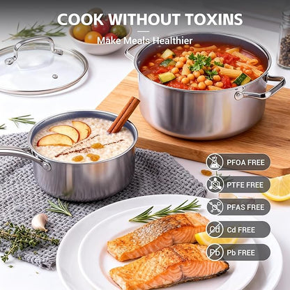 Ammeloo Hybrid Stainless Steel Cookware Set, 17-Piece Tri-Ply Pots and Pans Set Non Stick, Induction Kitchen Cookware Sets, Dishwasher & Oven Safe, PFOA Free, All Cooktops Compatible, Navy Blue - Image 8