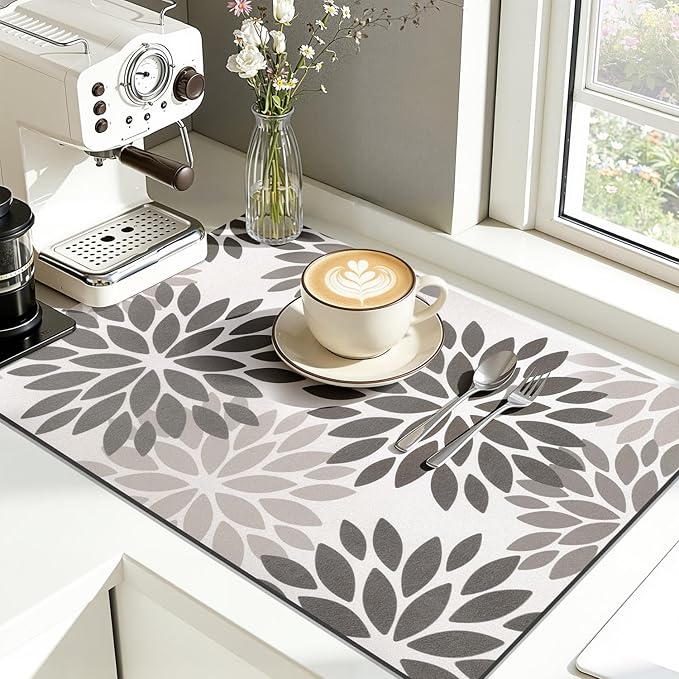 Findosom Floral Dish Drying Mat, 16" x 24" Super Absorbent & Hide Stain Coffee Mat, Cuttable Drying Mat for Kitchen Counter, Under Dish Rack, Coffee Maker, Espresso Machine, Dark Gray