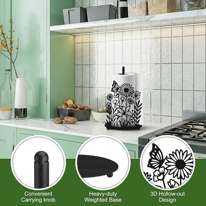 Wildflower Kitchen Countertop Paper Towel Holder Decorative Paper Towel Holder Black Metal Tissue Stand Kitchen Decor Accessories for Home Party Bathroom Countertop Dining Table