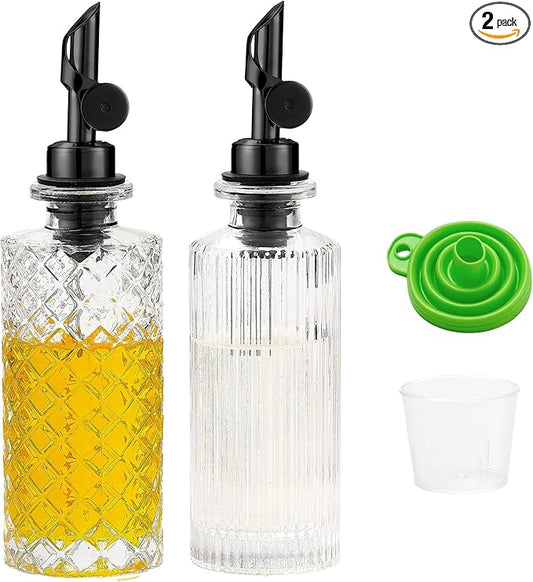 Glass Olive Oil Dispenser Bottle Small, 6.5 Oz/ 200 ml Coffee Simple Syrup Bottles with Black Metal Pour Spout, Funnel, Measuring Cup, Oil and Vinegar Bottle for Kitchen (2 Pack) by MOLADRI
