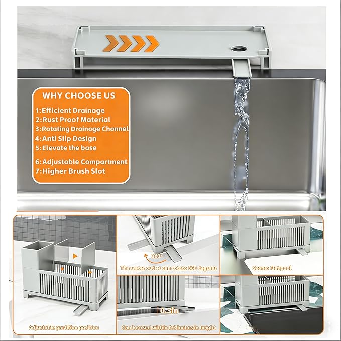 Rustproof Kitchen Sink Organizer for Countertop,Multifunctional Sink Organizer Caddy & Organization,Scrub Brush and Sponge Holder,Plastic Sink Storage Rack,Sponge Drain Rack,Dish Soap Dispenser,Grey - Image 4