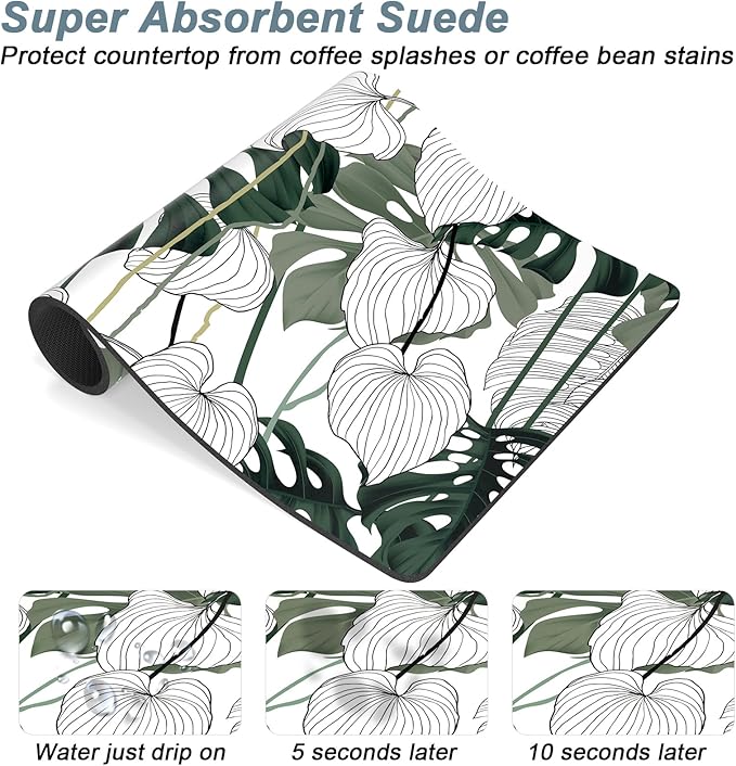 Rnivvi Coffee Mat, 12" x 19" Cute Coffee Bar Mats for Espresso Machine Station Accessories and Organizer, Hide Stain Rubber Backed Absorbent Dish Drying Pad for Kitchen Counter, Tropical Leaves - Image 3