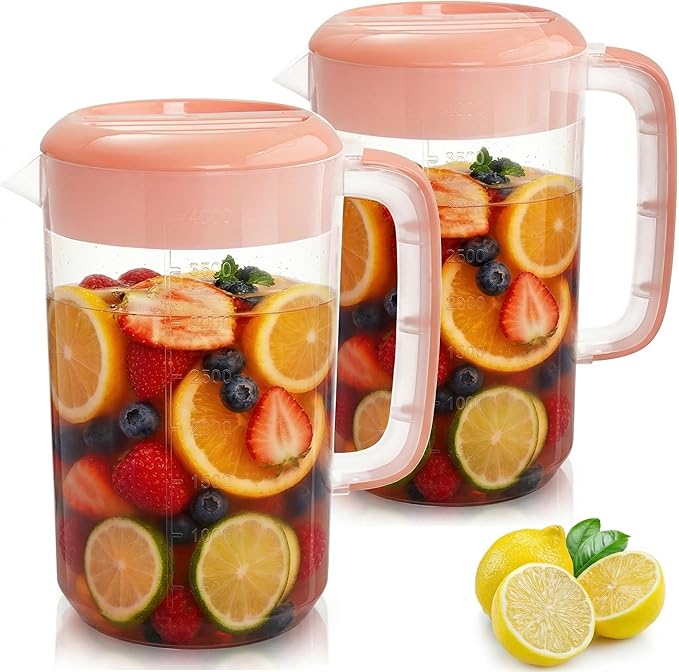 Jucoan 2 Pack 1 Gallon Plastic Pitcher with 3 Ways Lid, Large Gallon Water Ice Tea Pitcher with Handle Measurement for Party Outdoor, Freezer/Dishwasher Safe, BPA Free