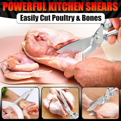 Heavy Duty Poultry Shears – Kitchen Shears Dishwasher Safe, Spring-Loaded, 3Cr14 Steel, Micro-Serrated, Separates for Easy Cleaning | Bone Scissors for Chicken, Turkey, Seafood & Fish Scale (Silver)