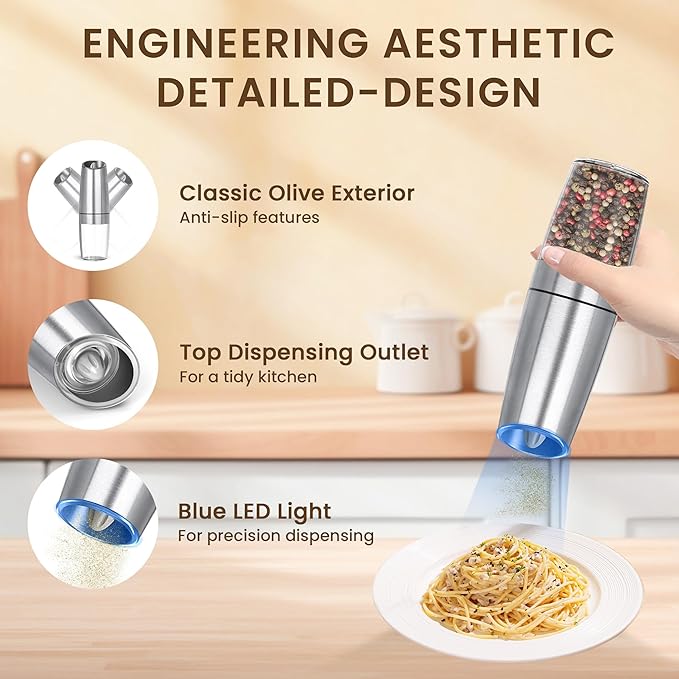 Gravity Electric Salt And Pepper Grinder Set, Automatic Salt And Pepper Grinder Set, Battery Powered (6 AAA Batteries Each), Adjustable Roughness, LED Light, 2 Pack, (Silver) - Image 4
