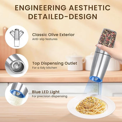 Gravity Electric Salt And Pepper Grinder Set, Automatic Salt And Pepper Grinder Set, Battery Powered (6 AAA Batteries Each), Adjustable Roughness, LED Light, 2 Pack, (Silver) - Image 4