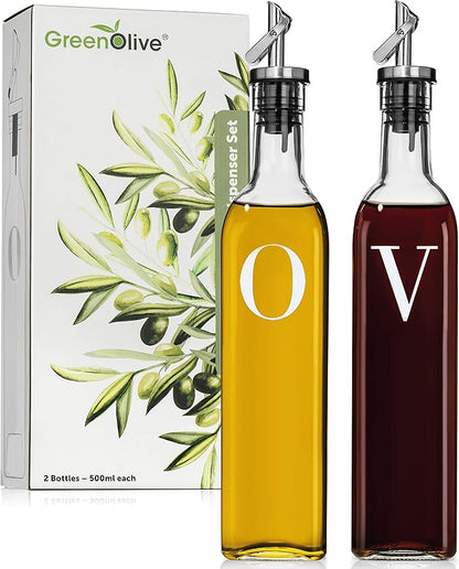 GREENOLIVE Olive Oil and Vinegar Dispenser Set - 17 oz. Glass Bottles with No-Drip BPA-Free Spouts - Stylish O and V Identifiers for Kitchen and Dining Use - Set of 2 by GREENOLIVE