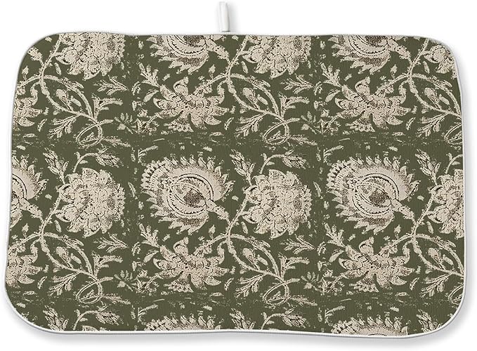 Green Dish Drying Mat 18 x 24 Inch Vintage Olive Green Floral Drying Mat for Kitchen Counter Absorbent Neutral Modern Boho Block Print Floral Dishes Dry Pad for Drainer Rack Kitchen Fast Dry