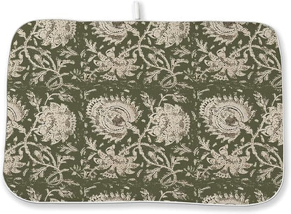 Green Dish Drying Mat 18 x 24 Inch Vintage Olive Green Floral Drying Mat for Kitchen Counter Absorbent Neutral Modern Boho Block Print Floral Dishes Dry Pad for Drainer Rack Kitchen Fast Dry