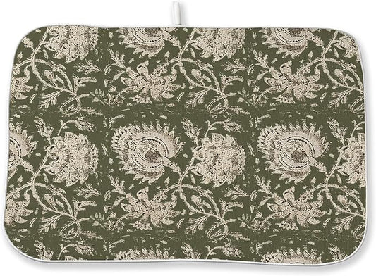 Green Dish Drying Mat 18 x 24 Inch Vintage Olive Green Floral Drying Mat for Kitchen Counter Absorbent Neutral Modern Boho Block Print Floral Dishes Dry Pad for Drainer Rack Kitchen Fast Dry