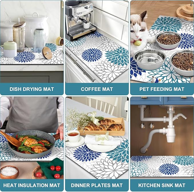 Findosom 2PCS 12" x 20" Dish Drying Mat & 24" x 5.5" Sink Splash Guard, Super Absorbent & Cuttable Dish Mat Drying Kitchen Mat with Blue Floral, Hide Stain Drying Mat for Kitchen Counter - Image 6