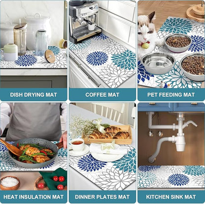Findosom 2PCS 12" x 20" Dish Drying Mat & 24" x 5.5" Sink Splash Guard, Super Absorbent & Cuttable Dish Mat Drying Kitchen Mat with Blue Floral, Hide Stain Drying Mat for Kitchen Counter - Image 6