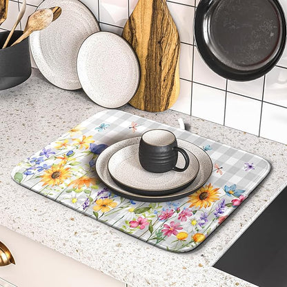Giwawa Spring Floral Dish Drying Mat, Summer Flower Grey Buffalo Plaids Dish Drainer Mats, Wildflower Butterfly Check Reversible Drying Rack Pad Protector for Kitchen Countertop Decor, 16"x18"