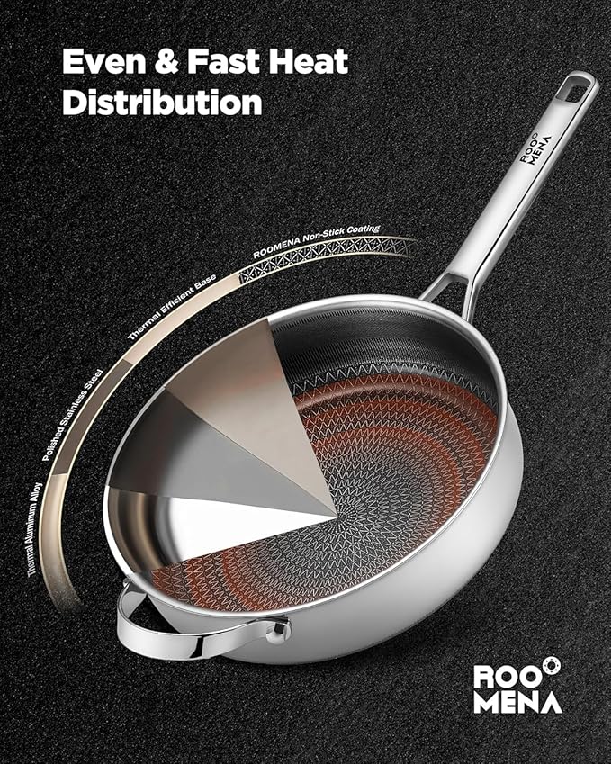 Roomena Frying Pans Nonstick with Lid, Hybrid Ceramic Nonstick Tri-Ply Saute Pan with Lid,PFAS/PFOA/PTFE Free, Metal Utensil Safe, Dishwasher & Oven Safe, Induction Compatible