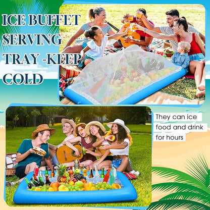 Leitee 3 Pcs Inflatable Serving Bar Kit Includes Salad Buffet Tray with Drain Plug Mesh Food Cover Food Drink Containers and Inflator for Ice Supplies Halloween Party Camping Picnic(Blue)