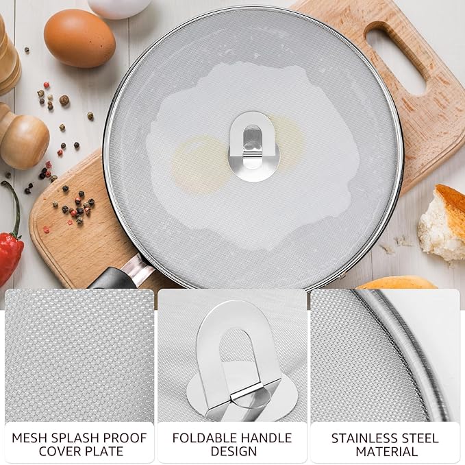 3 Pcs Splatter Guard Stainless Steel Frying Pan Splatter Screen Splash Proof Oil Splatter Cover with Foldable Handle Mesh Oil Proofing Lids for Kitchen Cooking (9.8 inch, 11.4 inch, 13 inch) - Image 4