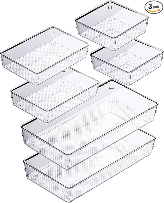 3 Pack Clear Plastic Drawer Organizer Tray Cutlery Utensil Makeups Drawer Silverware Organizers 12" X 6"… (6P(6X6+6X9+6X15))