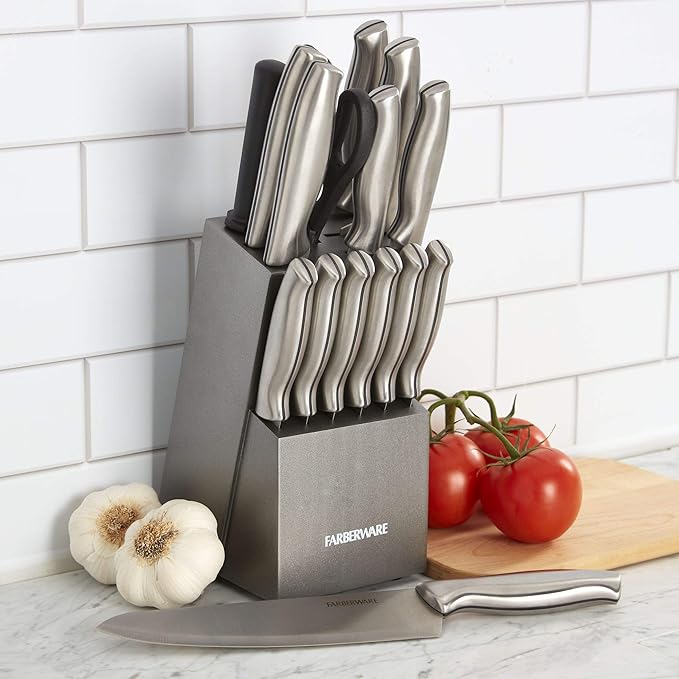 Farberware 15-Piece Stamped Stainless Steel Knife Block Set, High-Carbon Stainless Steel Kitchen Knife Set with Ergonomic Handles, Razor-Sharp Knives with Wood Block, 15-Piece Set, Graphite - Image 4