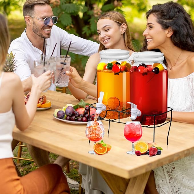 Tanlade 2 Pcs Plastic Drink Dispenser with Stand Beverage Dispenser with Sturdy Metal Base Juice Dispensers for Parties Lemonade Jar with Spigot for Weddings Countertop Water Tea, Each 1 Gallon