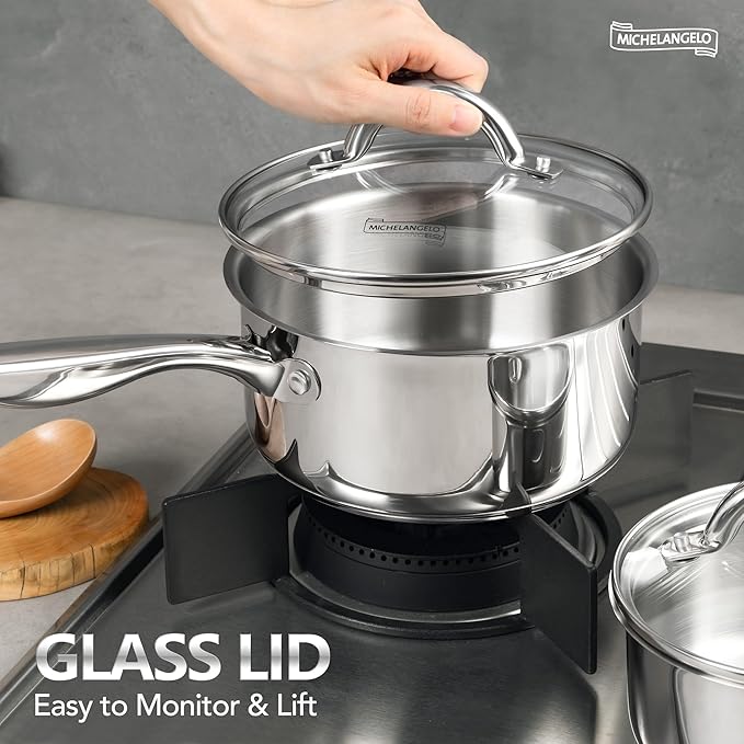 MICHELANGELO Saucepan Set 6pc, Triply Stainless Steel Sauce Pan with Lids 1QT & 2QT &3QT, Kitchen Cooking Pot for Home Use, Dishwasher Safe & Induction Compatible - Image 2