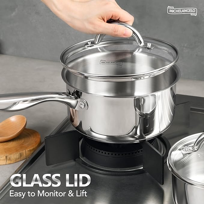 MICHELANGELO Saucepan Set 4pc, 18/10 Stainless Steel Sauce Pan with Lid, Tri-Ply Bottom Sauce Pot Set, Nonstick Saucepan, Dishwasher Safe, 1QT & 2QT - Image 2
