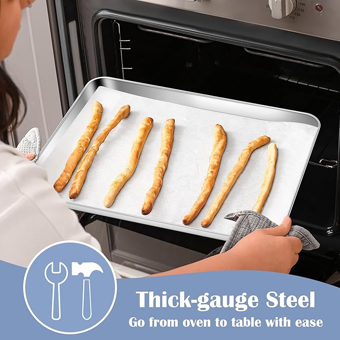E-far Stainless Steel Baking Sheet, 12.4” x9.7” Baking Cookie Sheet Pan for Oven, Non-toxic Metal Toaster Oven Tray for Cake Cookie, Healthy & Rust Free, Mirror Finish & Dishwasher Safe, 1 Pack - Image 6