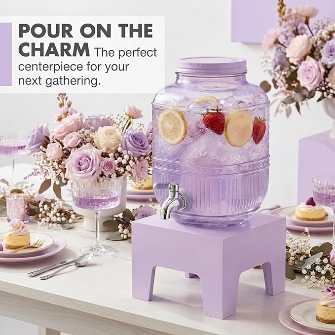 Beverage Dispenser 1 Gallon, Glass Drink Dispenser with Wooden Base Stand, Wide Mouth Jar for Lemonade, Iced Tea, Infused Water, Vintage Kitchen Decor - Lavender