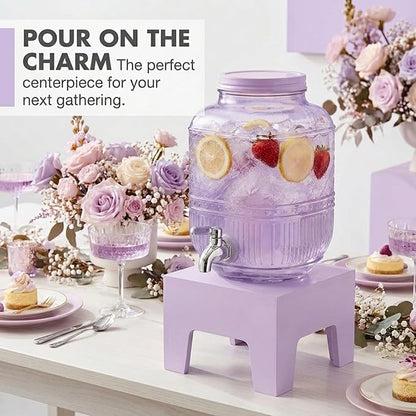 Beverage Dispenser 1 Gallon, Glass Drink Dispenser with Wooden Base Stand, Wide Mouth Jar for Lemonade, Iced Tea, Infused Water, Vintage Kitchen Decor - Lavender