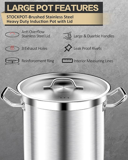 STOCKPOT 75 Quart Commercial Stock Pot with Lid – Restaurant-Grade Stainless Steel Soup Pot, Triple-Layer Even Heat Base, Steam Vent Lid, Induction Ready – Lobster Boils, Catering, Bulk Cooking