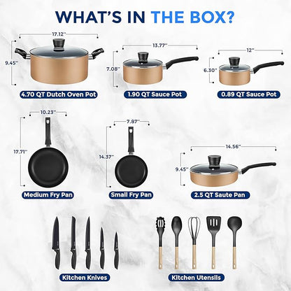 SereneLife 20 pc Basic Kitchenware Set - Durable Non-Stick Pots & Pans with Tempered Glass Lids, Utensils, Knife Set, Gold - SLCW20GLD - Image 3