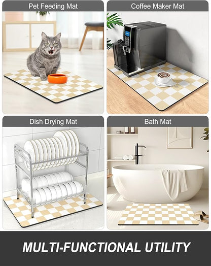 Rnivvi Dish Drying Mat for Kitchen Counter, XL 15 x 24" Cute Checkered Absorbent Draining Pad, Non-Slip Heat Resistant Coffee Bar Mat for Coffee Machine Station Accessories, Beige White Dish Rack Pad - Image 7