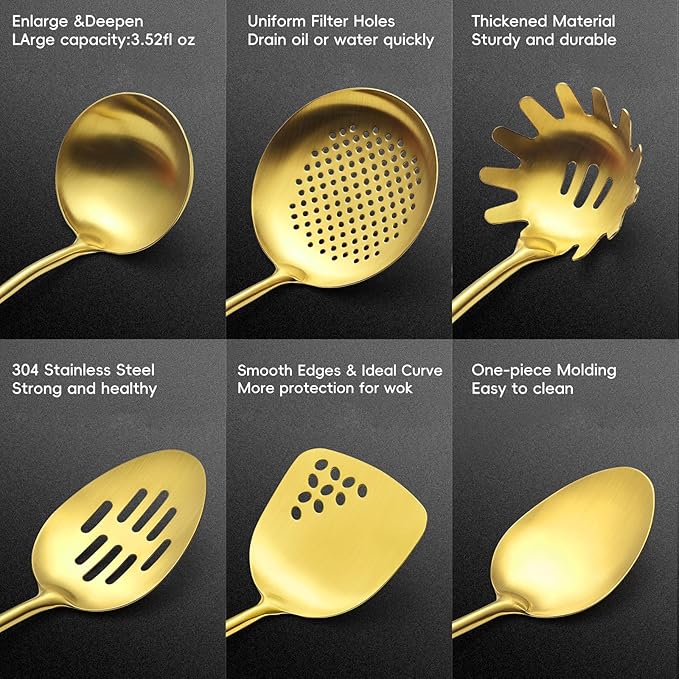 Izurok 18/10 Stainless Steel Kitchen Utensils Set,6 Piece Cooking Utensils With Wood Handle,Heat Resistant Kitchen Tool Set With Spatula, Spoon, Ladle, Skimmer, Slotted Spoon, Pasta - Image 3