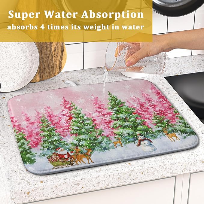 Santa Claus Dish Drying Mats for Kitchen Counter Watercolor Forest Decoration Coffee Mat for Table Decor - Image 7