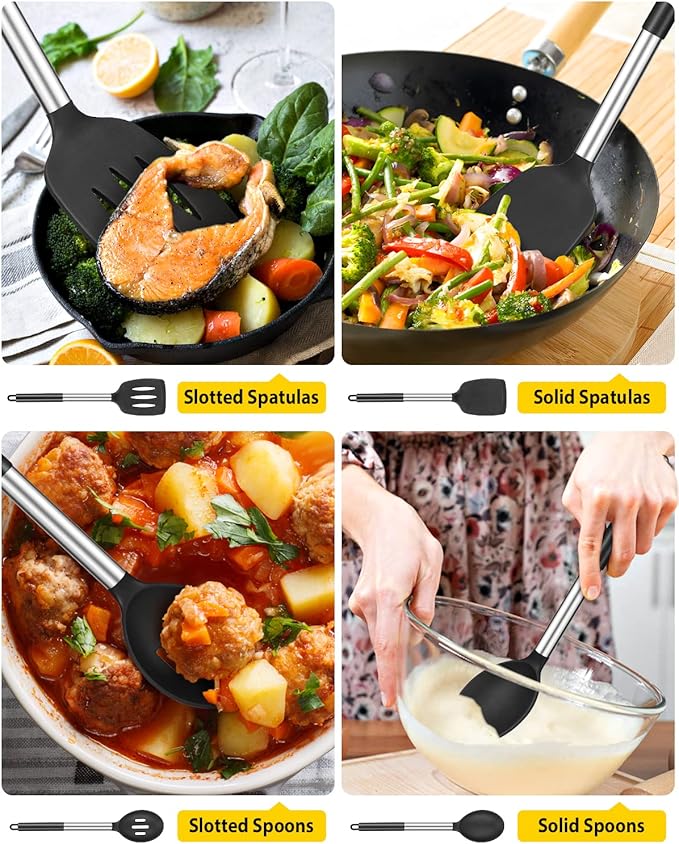 Pack of 4 Silicone Cooking Utensils Set, Non Stick Large Solid Spatulas, Heat Resistant Black Slotted Spoons, Ideal BPA Free Kitchen Turners for Frying, Mixing,Serving,Draining,Turning,Stirring - Image 3