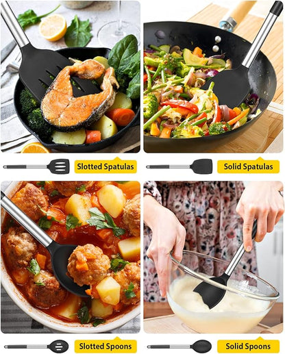 Pack of 4 Silicone Cooking Utensils Set, Non Stick Large Solid Spatulas, Heat Resistant Black Slotted Spoons, Ideal BPA Free Kitchen Turners for Frying, Mixing,Serving,Draining,Turning,Stirring - Image 3