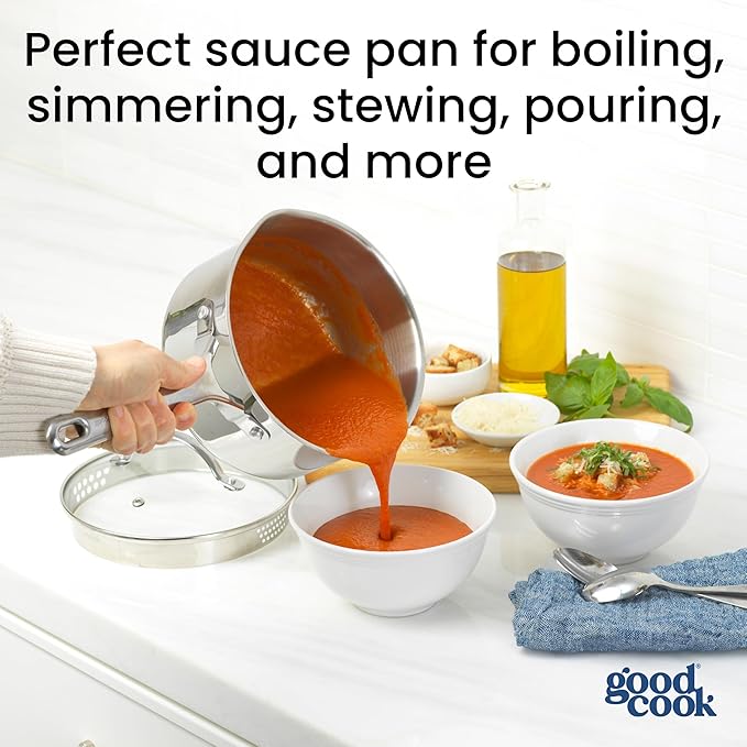 GoodCook Stainless Steel Sauce Pan with Strainer Lid Oven-Safe to 500F & Induction-Safe Compatible with All Stovetops 3-Layer Construction for Even Heating PTFE & PFOA Free, 2.5-Quarts, Silver