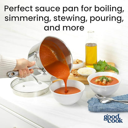 GoodCook Stainless Steel Sauce Pan with Strainer Lid Oven-Safe to 500F & Induction-Safe Compatible with All Stovetops 3-Layer Construction for Even Heating PTFE & PFOA Free, 2.5-Quarts, Silver