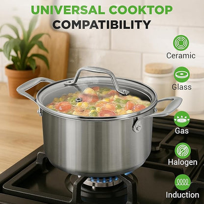 NutriChef 6 Quart Stainless Steel Stock Pot with Lid | Induction Cookware for Home & Commercial Use | Heavy Duty Cooking Pot for Boiling or Simmering Soup, Pasta, Seafood, and Sauces