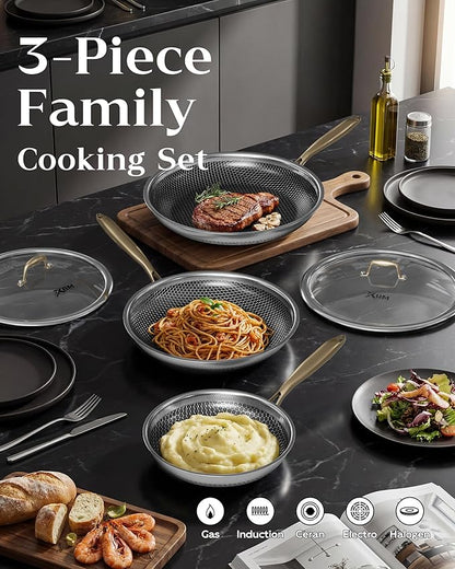 Nonstick Frying Pan Set, 8+10+12 Inch, Honeycomb Stainless Steel Skillet Pans Set, PFOA-Free Scratch-Proof, Dishwasher & Oven Safe, Compatible with All Cooktops