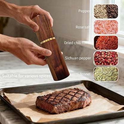 8 Inch Wooden Salt and Pepper Grinder Set, Adjustable Coarseness, Acacia Wood Pepper Mill Manual, Salt and Pepper Shakers Matching Wooden Tray, Multi Purpose Grinder - Image 3