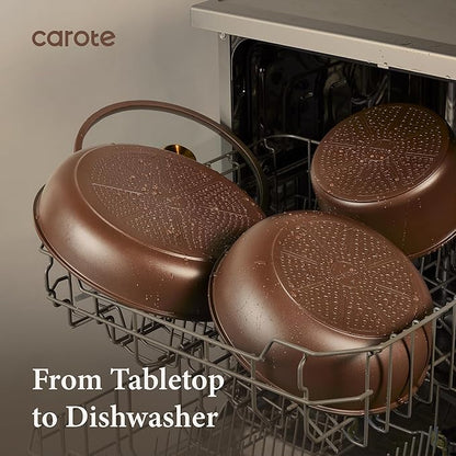 CAROTE 21pcs Pots and Pans Set, Nonstick Cookware Set Detachable Handle, Induction Kitchen Cookware Sets Non Stick with Removable Handle, RV Cookware Set, Oven Safe, Brown - Image 7