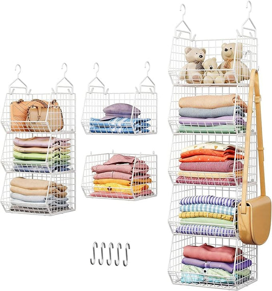 5 Tier Closet Hanging Organizer, Clothes Hanging Shelves with 4 Hanging Hooks 5 S Hooks, Wire Storage Basket Bins, for Clothing Sweaters Shoes Handbags Clutches Accessories Patent Design-White by X-cosrack