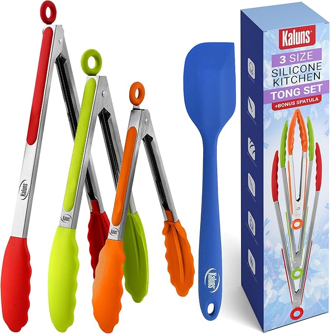 Kaluns Kitchen Tongs for Cooking Grilling Set of 4, BBQ Grill Tongs With Silicone Tip Stainless Steel Heat Resistant, Non-stick Pull Lock, Incl 7, 9, 12 Inch Tong Plus a Silicone Spatula by Kaluns%C2%AE